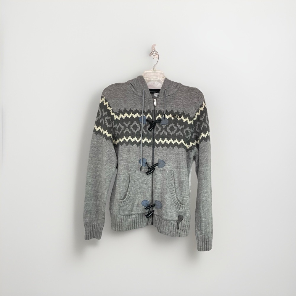 Rocawear Mens Gray Fair‎ Isle Knit Full Zip Toggle Hoodie Wool Blend Large